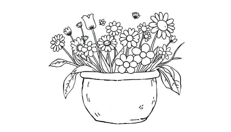 Zwart-wit kleurplaat van een ronde pot gevuld met diverse bloemen, waaronder een tulp. De bloemen variëren in grootte en er zijn kleinere bloemen en blaadjes rondom.