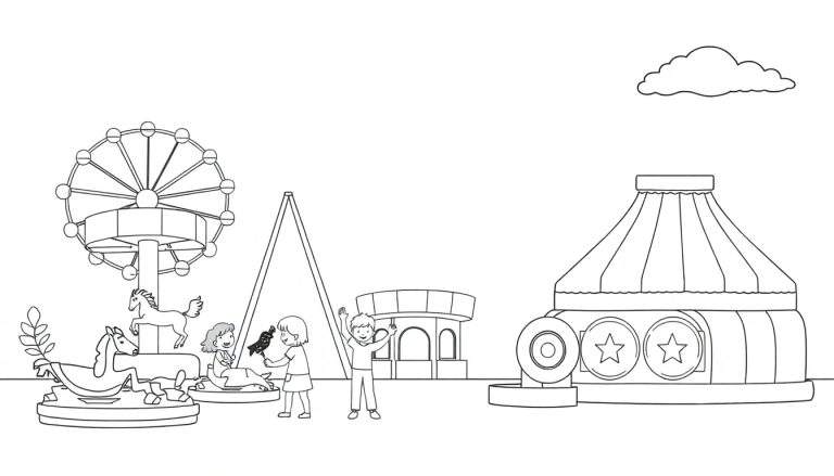 Kleurplaat van een pretpark met een reuzenrad, draaimolen met paardjes, kermis tent, gebouw met bogen, schommel, spelende kinderen en een zwaaiende jongen.
