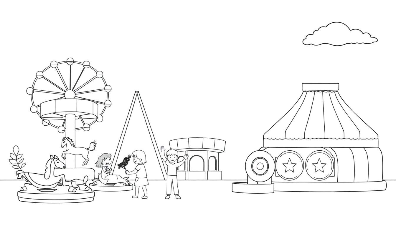 Kleurplaat van een pretpark met een reuzenrad, draaimolen met paardjes, kermis tent, gebouw met bogen, schommel, spelende kinderen en een zwaaiende jongen.