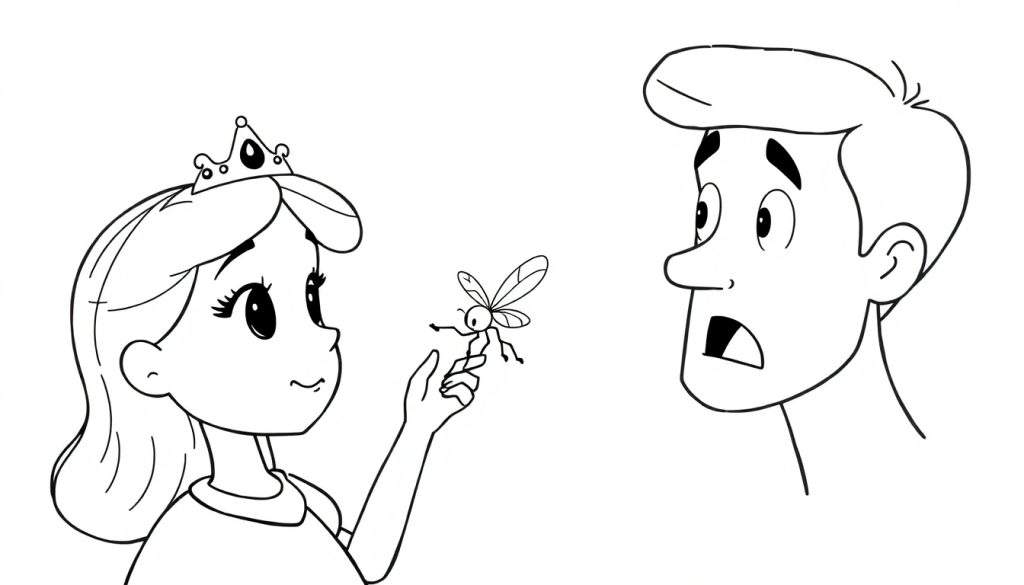 Kleurplaat van een prinses die een insect vasthoudt op haar vinger, terwijl een man met een verbaasde uitdrukking naar haar kijkt.