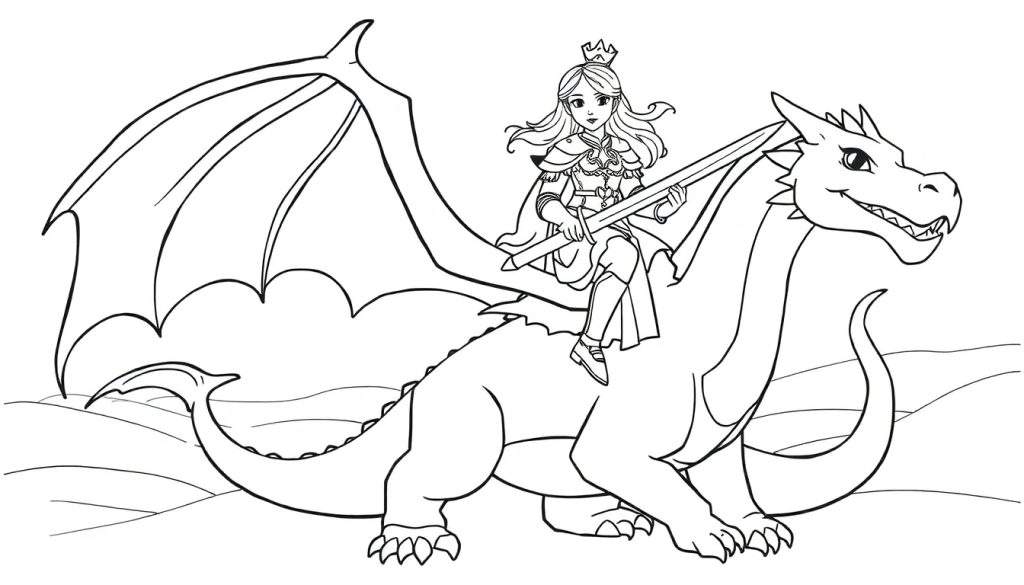 Kleurplaat van een prinses-krijger met kroon en zwaard, rijdend op een grote draak met vleugels en een lange staart.