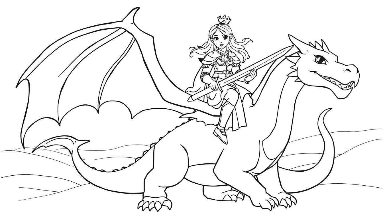 Kleurplaat van een prinses-krijger met kroon en zwaard, rijdend op een grote draak met vleugels en een lange staart.
