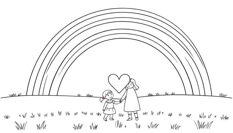 Kleurplaat van een regenboog met een mama en kindje die een hart vasthouden.