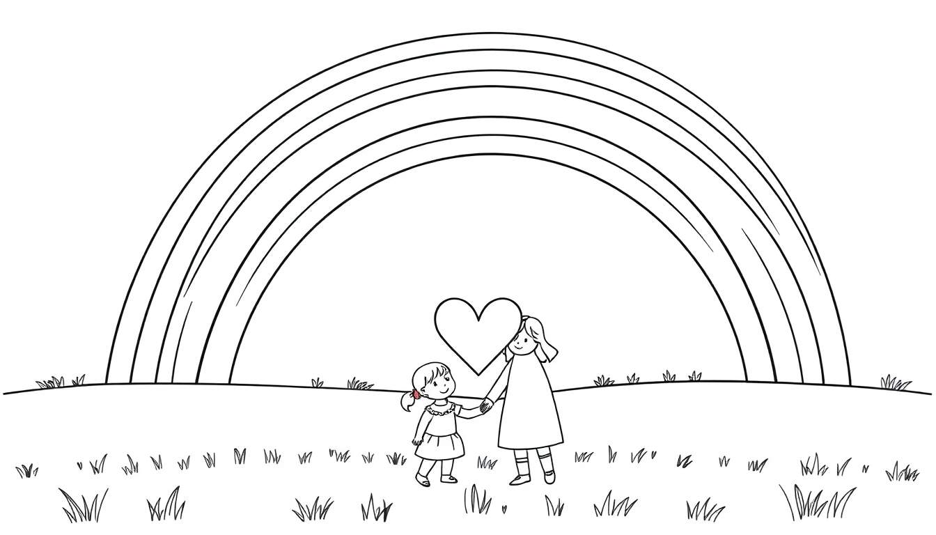 Kleurplaat van een regenboog met een mama en kindje die een hart vasthouden.