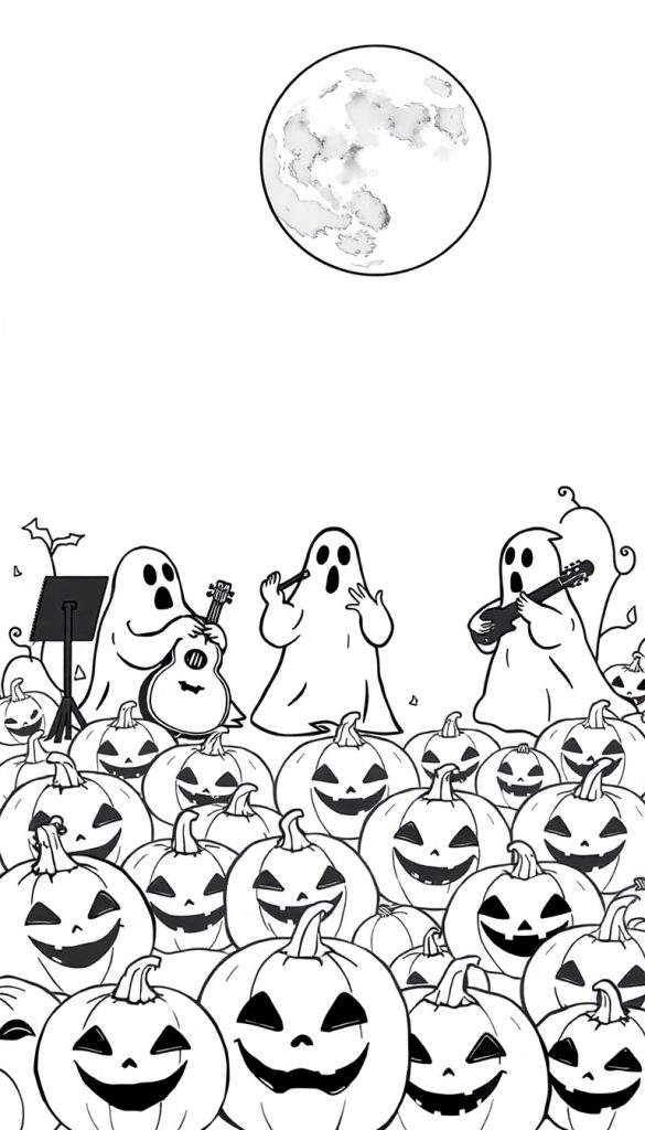 Kleurplaat van drie vriendelijke spoken die muziek maken op een veld met pompoenen, met een grote aquarel maan aan de hemel. Dikke zwarte lijnen.
