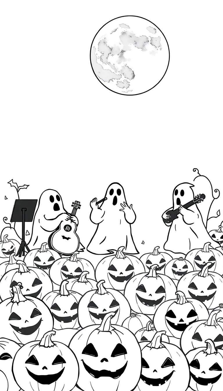 Kleurplaat van drie vriendelijke spoken die muziek maken op een veld met pompoenen, met een grote aquarel maan aan de hemel. Dikke zwarte lijnen.