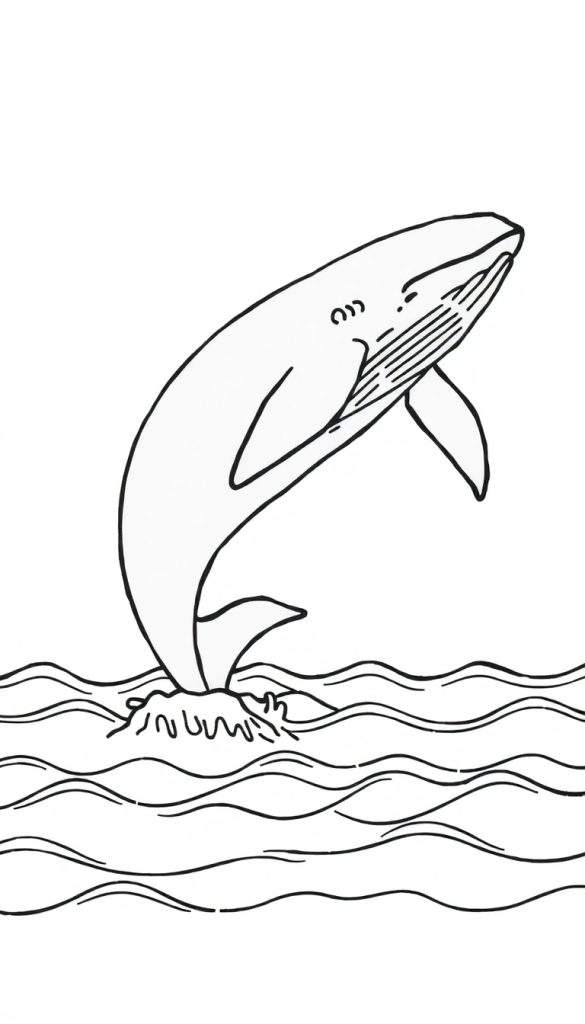 Kleurplaat van een springende walvis uit de zee met golven.