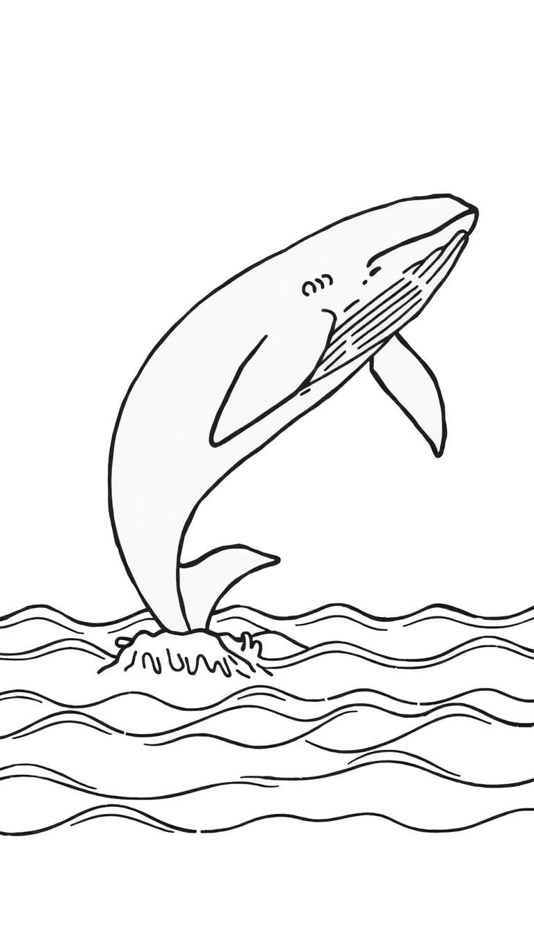 Kleurplaat van een springende walvis uit de zee met golven.