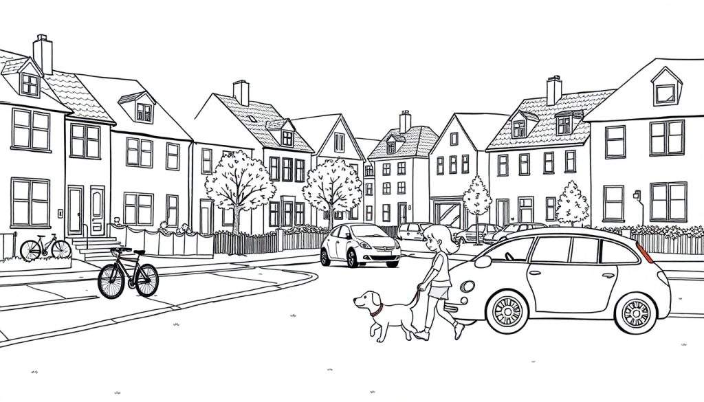 Kleurplaat van een straat met huizen, geparkeerde auto's, fietsen, een meisje met een hond aan de lijn en bomen.