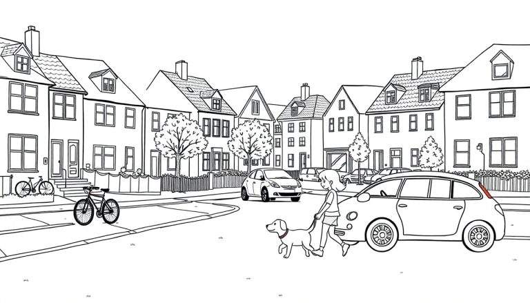 Kleurplaat van een straat met huizen, geparkeerde auto's, fietsen, een meisje met een hond aan de lijn en bomen.