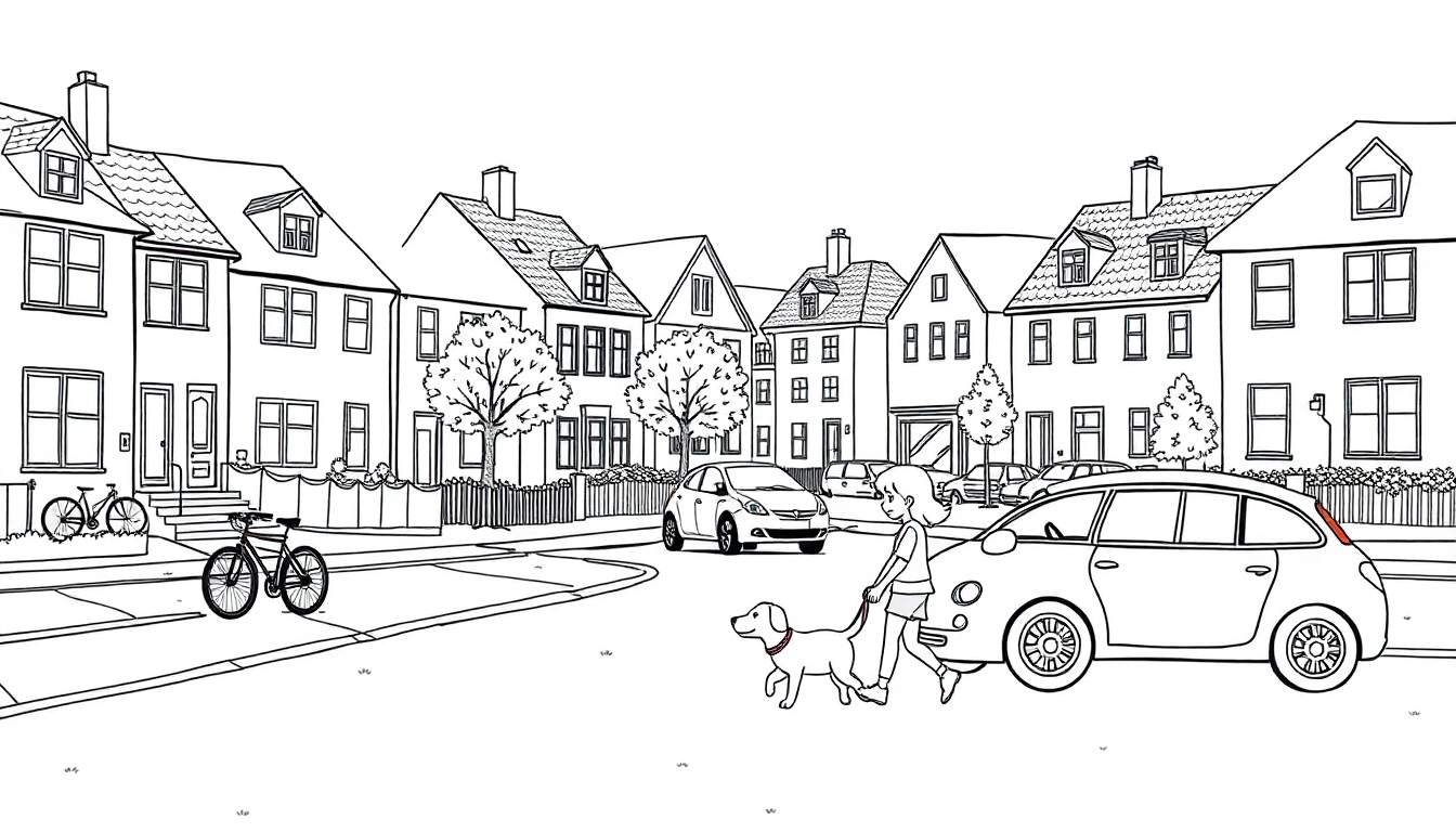 Kleurplaat van een straat met huizen, geparkeerde auto's, fietsen, een meisje met een hond aan de lijn en bomen.