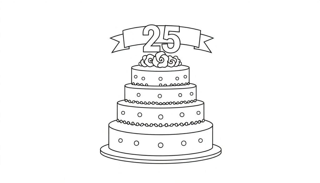 Kleurplaat van een vierlaagse taart met bloemen en een '25' banner, versierd met rondjes en pareltjes, staand op een plateau.