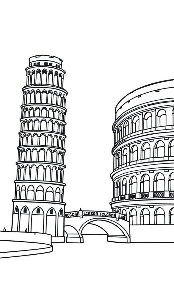 Zwart-wit minimalistische kleurplaat van de Toren van Pisa, een brug en het Colosseum.