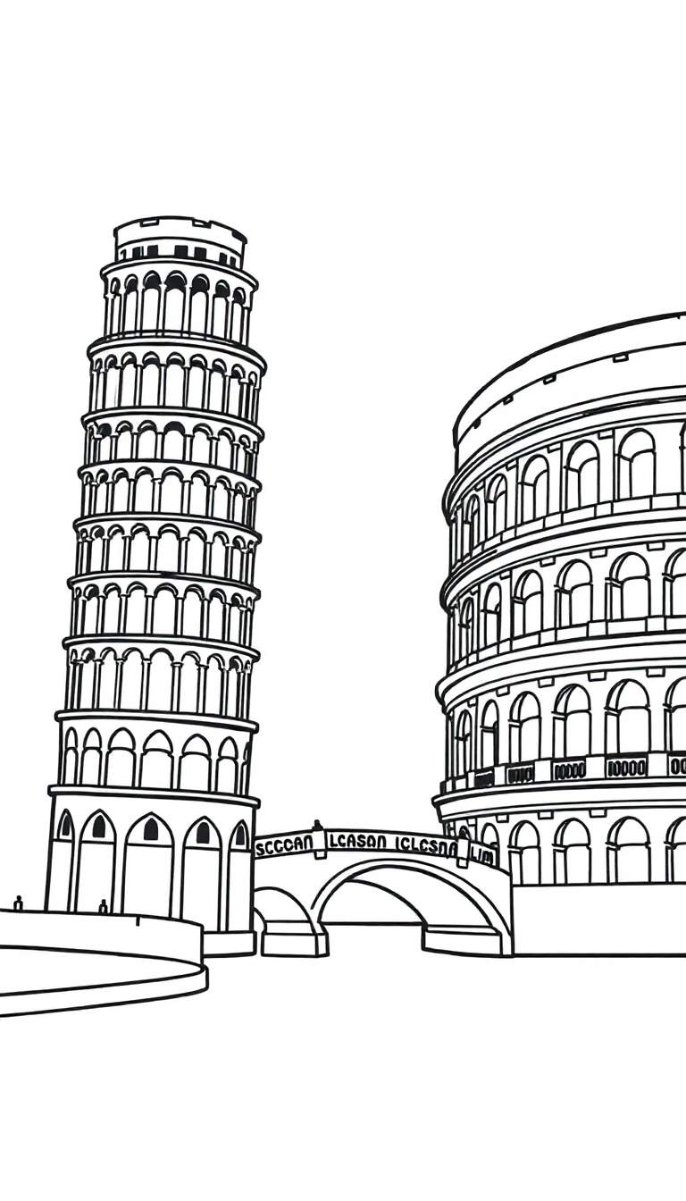 Zwart-wit minimalistische kleurplaat van de Toren van Pisa, een brug en het Colosseum.