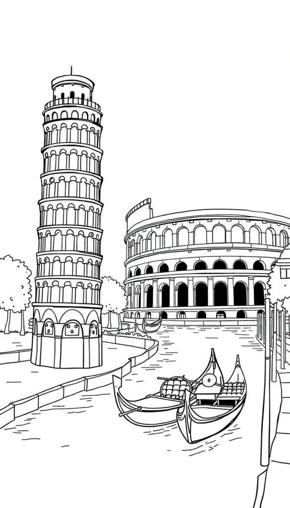 Zwart-wit schets kleurplaat van de Toren van Pisa en het Colosseum met gondels in Venetië.