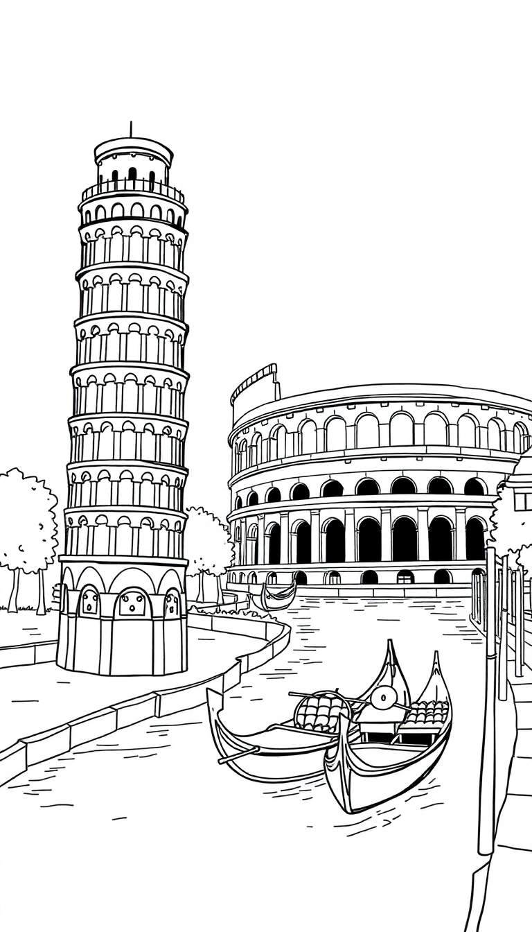Zwart-wit schets kleurplaat van de Toren van Pisa en het Colosseum met gondels in Venetië.