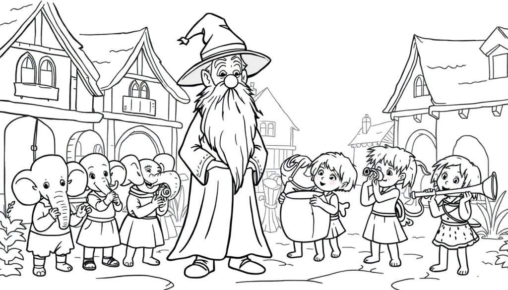 Kleurplaat van een tovenaar met olifantjes en spelende kinderen op een dorpsplein met huisjes.