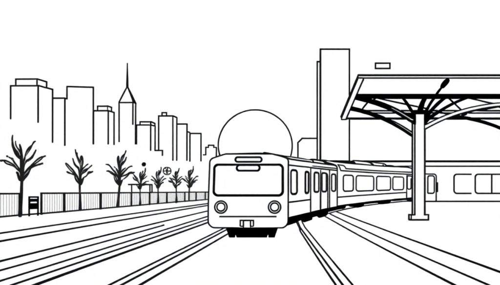 Zwart-wit kleurplaat van een aankomende trein in een stad met hoge gebouwen en zonsondergang.