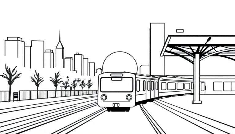 Zwart-wit kleurplaat van een aankomende trein in een stad met hoge gebouwen en zonsondergang.