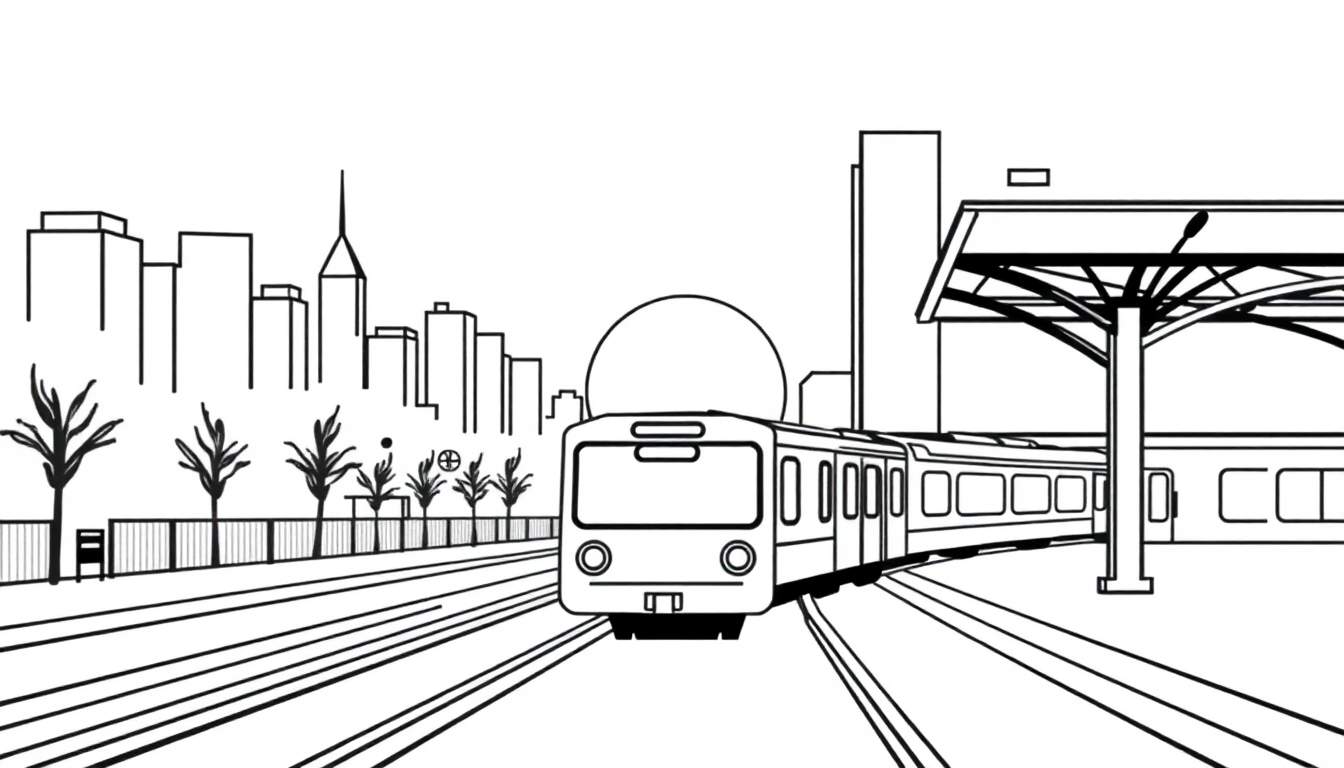 Zwart-wit kleurplaat van een aankomende trein in een stad met hoge gebouwen en zonsondergang.