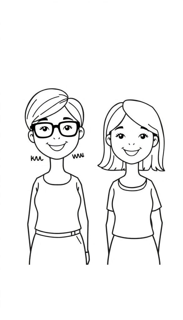 Zwart-wit kleurplaat van twee lachende juffen, één met bril en kort haar, de ander met langer haar.
