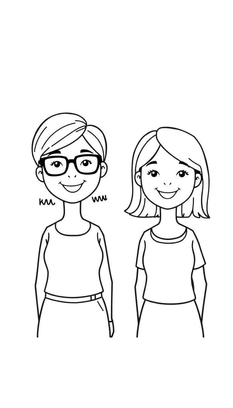 Zwart-wit kleurplaat van twee lachende juffen, één met bril en kort haar, de ander met langer haar.