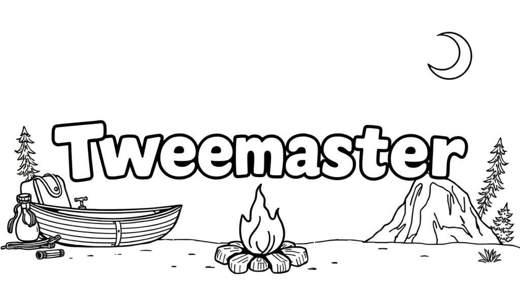 Kleurplaat van het woord 'Tweemaster' omringd door avontuurlijke elementen zoals een boot, kampvuur, rugzak, dennenbomen, maan en berg.