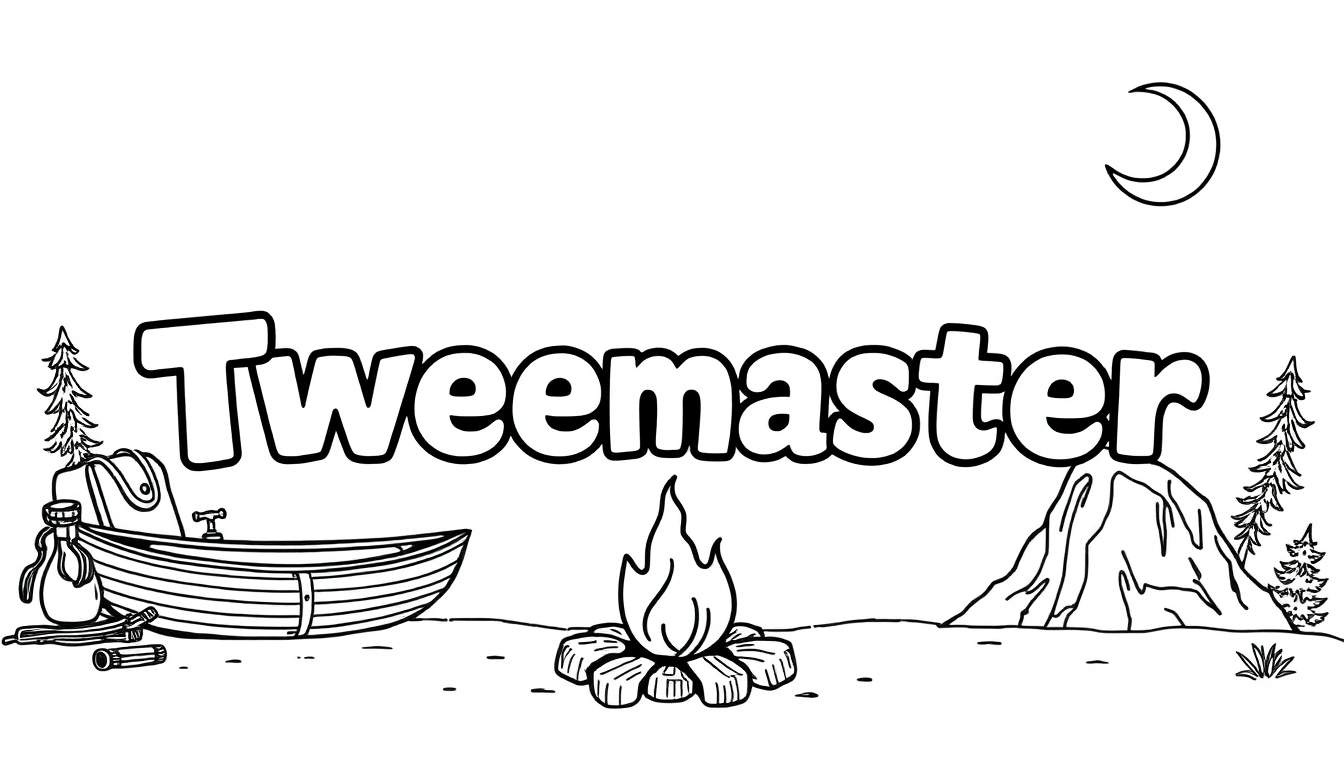 Kleurplaat van het woord 'Tweemaster' omringd door avontuurlijke elementen zoals een boot, kampvuur, rugzak, dennenbomen, maan en berg.