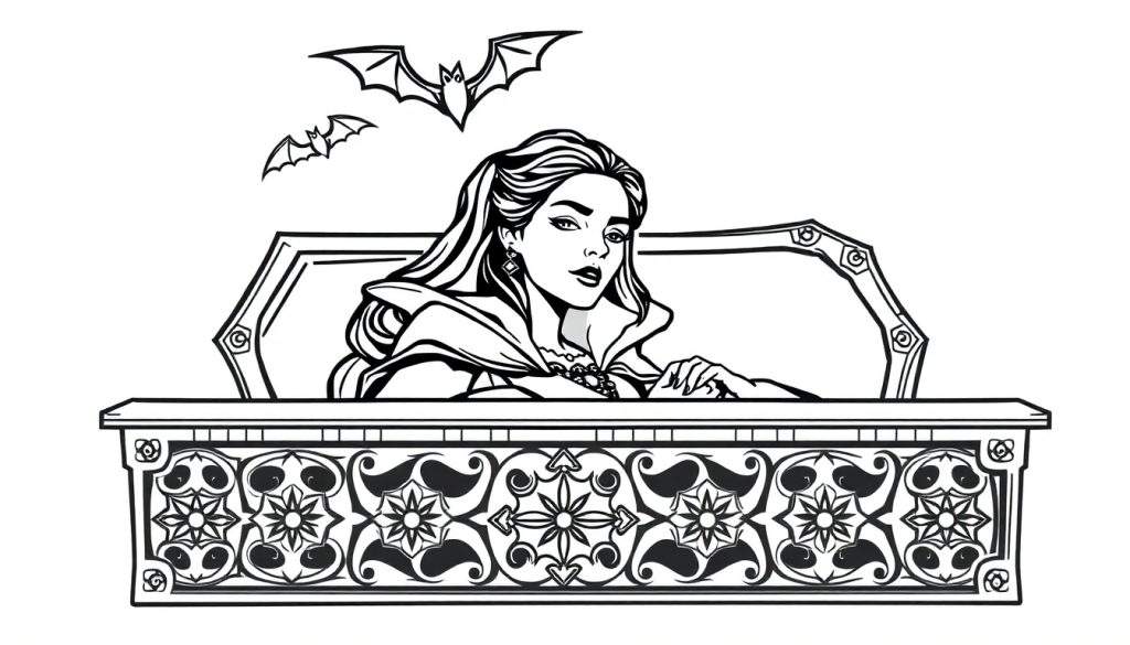 Zwart-wit tekening van een vampier koningin in een versierde doodskist, met twee vleermuizen erboven.