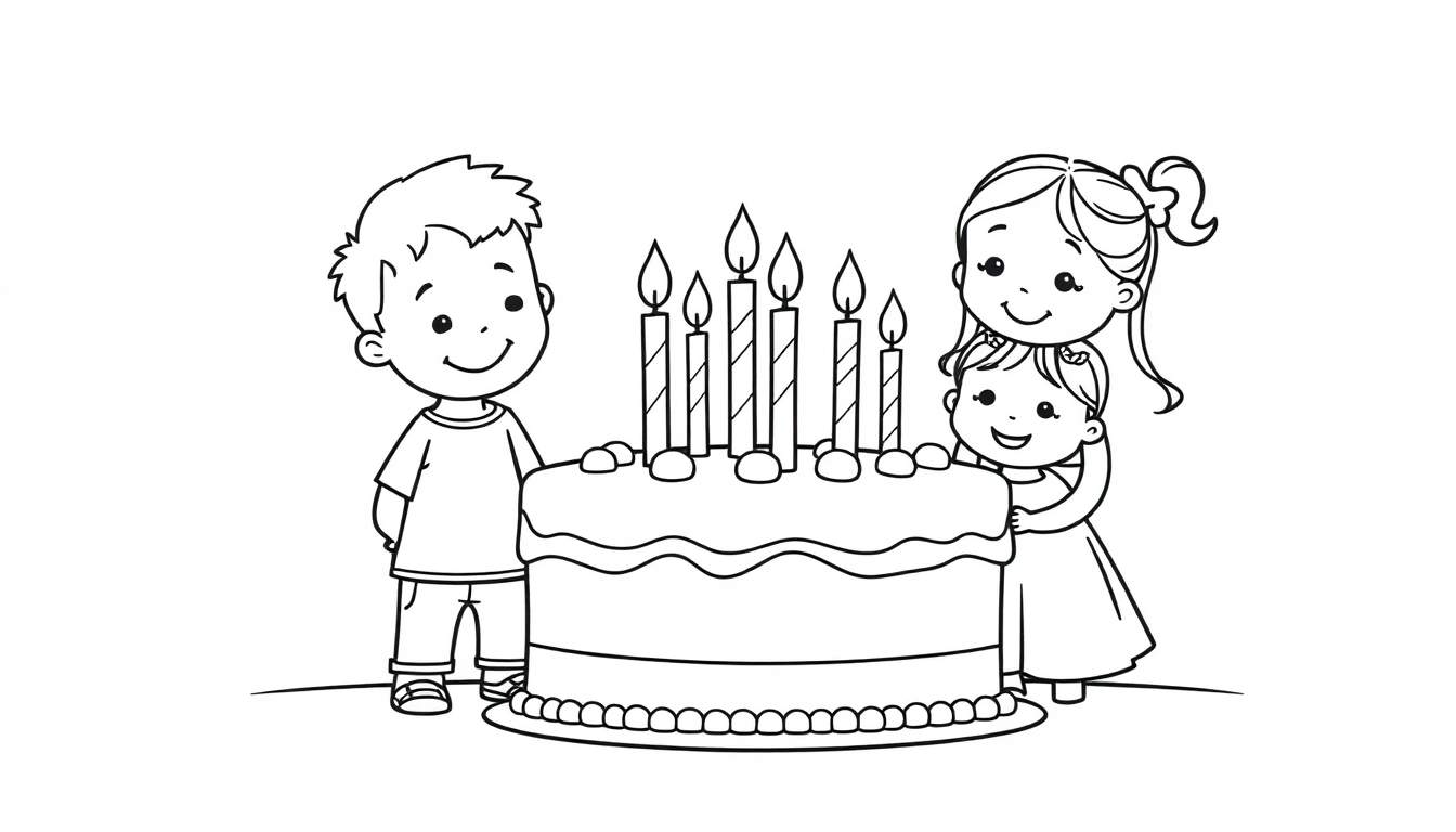 Zwart-wit kleurplaat van een verjaardagstaart met zeven brandende kaarsen, een jongen en twee meisjes.