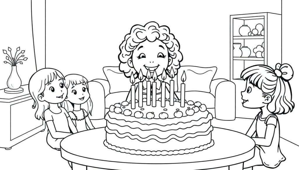 Kleurplaat van een verjaardagstaart met negen kaarsjes waar een meisje met krullen de kaarsjes uitblaast, geflankeerd door andere kinderen.