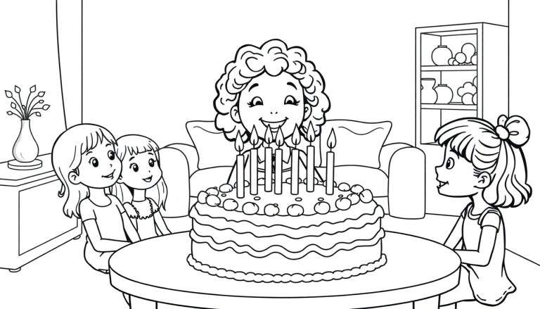 Kleurplaat van een verjaardagstaart met negen kaarsjes waar een meisje met krullen de kaarsjes uitblaast, geflankeerd door andere kinderen.
