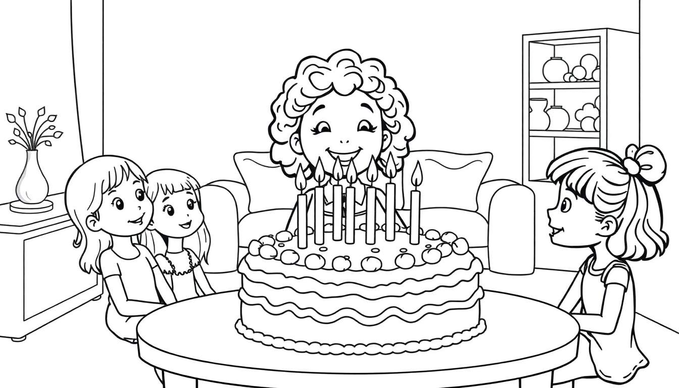 Kleurplaat van een verjaardagstaart met negen kaarsjes waar een meisje met krullen de kaarsjes uitblaast, geflankeerd door andere kinderen.