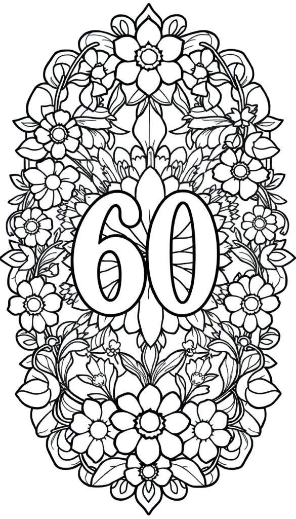 Kleurplaat van een grote '60' versierd met bloemen en bladeren in een mandala-stijl, alsof het een glas-in-lood raam mozaïek is.