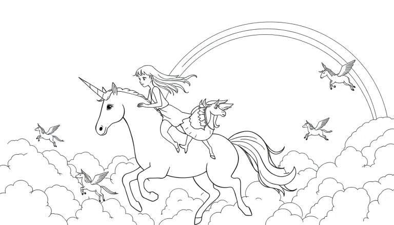 Kleurplaat: Vliegende paarse eenhoorn met een meisje en kleine paarsjes in de lucht bij een regenboog.