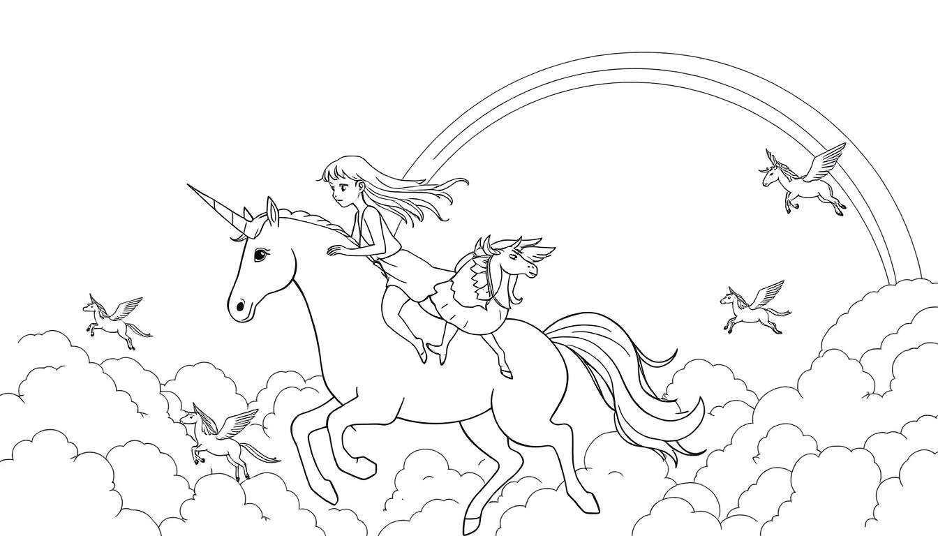Kleurplaat: Vliegende paarse eenhoorn met een meisje en kleine paarsjes in de lucht bij een regenboog.