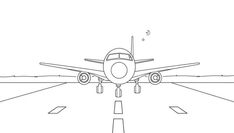 Kleurplaat van een vliegtuig op een landingsbaan onder een nachtelijke hemel met een halve maan en een ster.