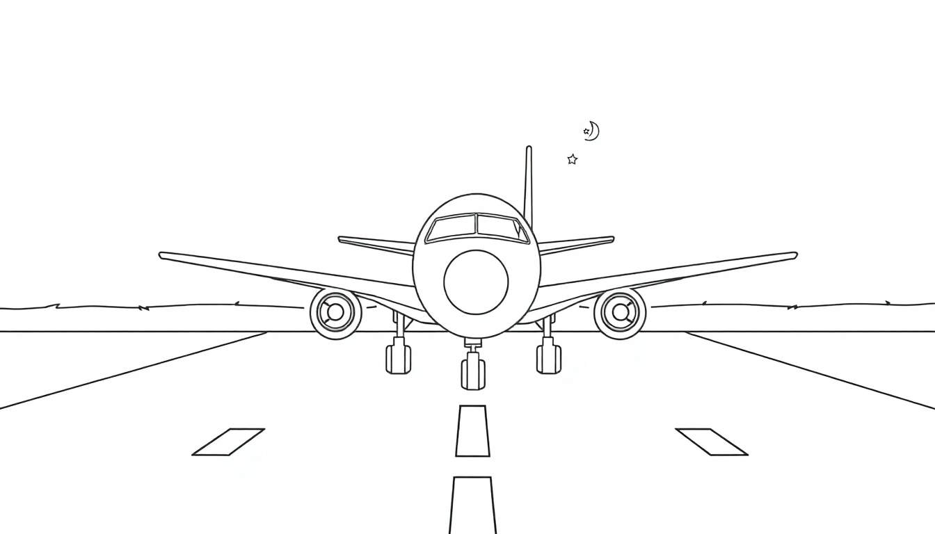 Kleurplaat van een vliegtuig op een landingsbaan onder een nachtelijke hemel met een halve maan en een ster.