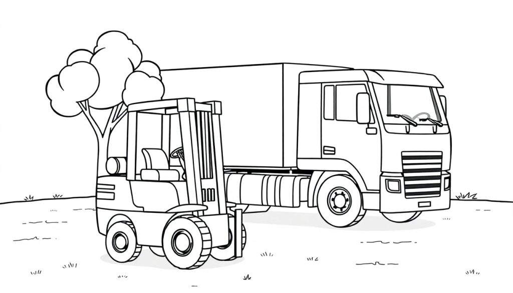 Kleurplaat van een rode vrachtwagen, een gele heftruck, een groene boom en gras, klaar om ingekleurd te worden.