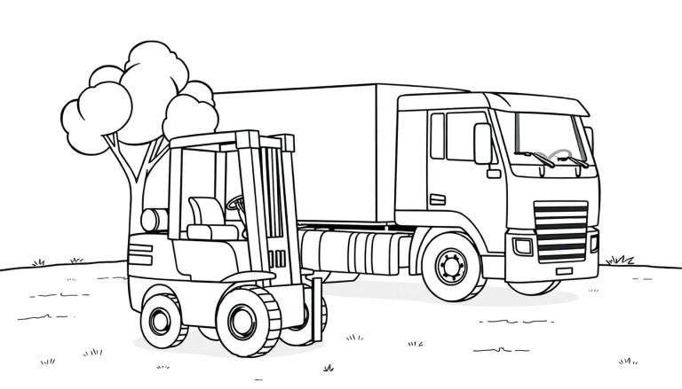 Kleurplaat van een rode vrachtwagen, een gele heftruck, een groene boom en gras, klaar om ingekleurd te worden.