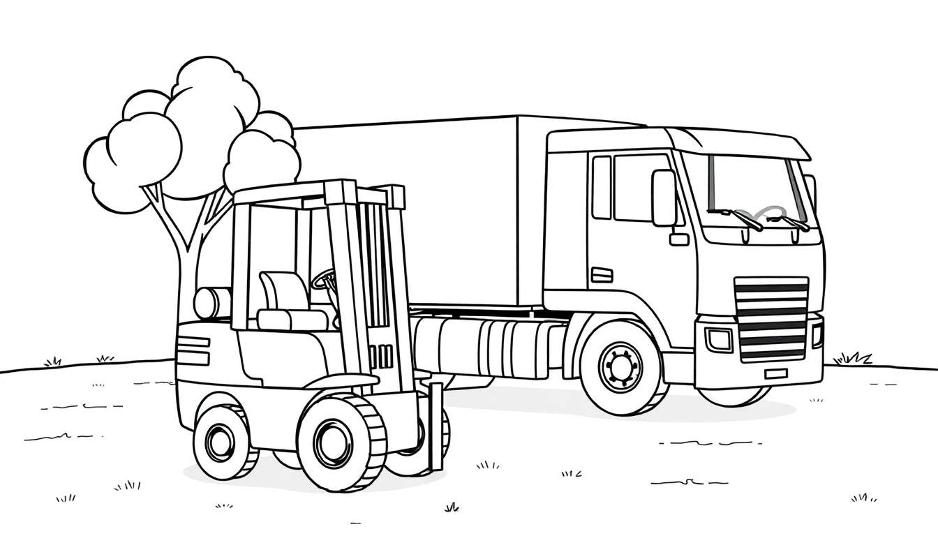 Kleurplaat van een rode vrachtwagen, een gele heftruck, een groene boom en gras, klaar om ingekleurd te worden.