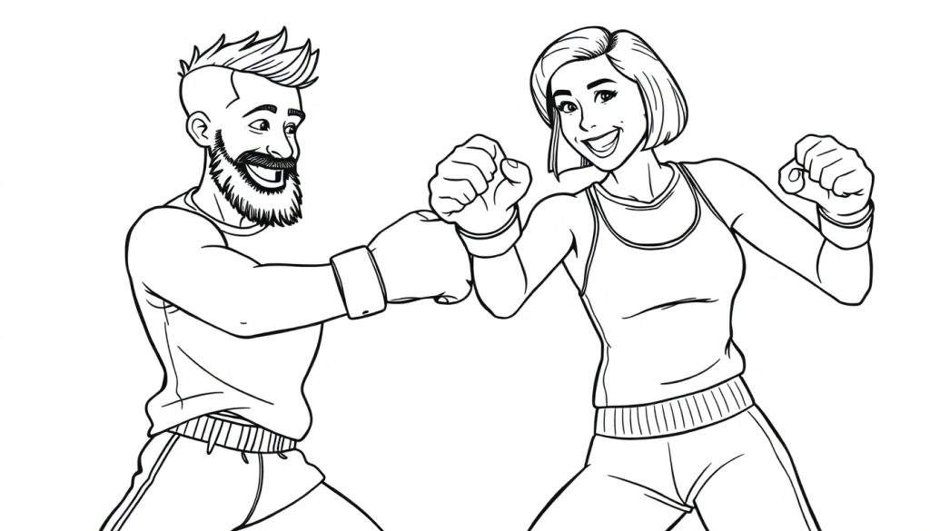 Kleurplaat van een lachende man met baard en opgeschoren haar en een vrouw met bobkapsel die tegen elkaar boksen.
