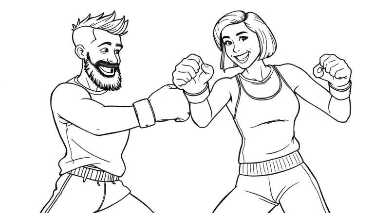Kleurplaat van een lachende man met baard en opgeschoren haar en een vrouw met bobkapsel die tegen elkaar boksen.