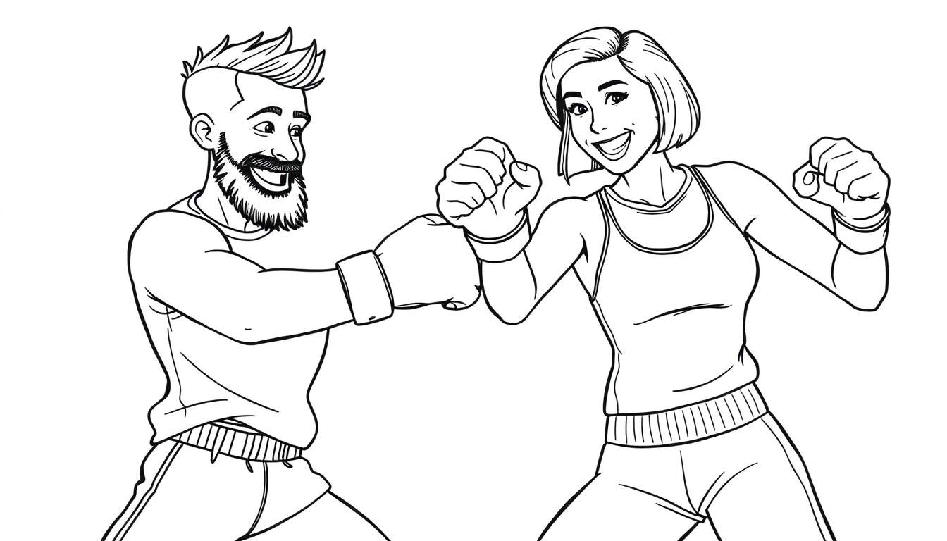 Kleurplaat van een lachende man met baard en opgeschoren haar en een vrouw met bobkapsel die tegen elkaar boksen.