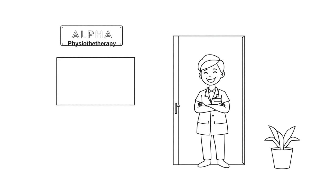Zwart-wit tekening van een vrolijke fysiotherapeut met een bordje 'Alpha Physiotherapy' bij een deur, en een plant.