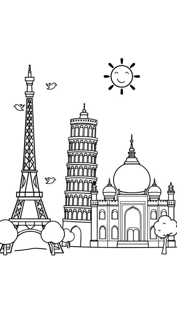 Kleurplaat van de Eiffeltoren, de Scheve Toren van Pisa en het Taj Mahal met een lachende zon en vliegende vogels.