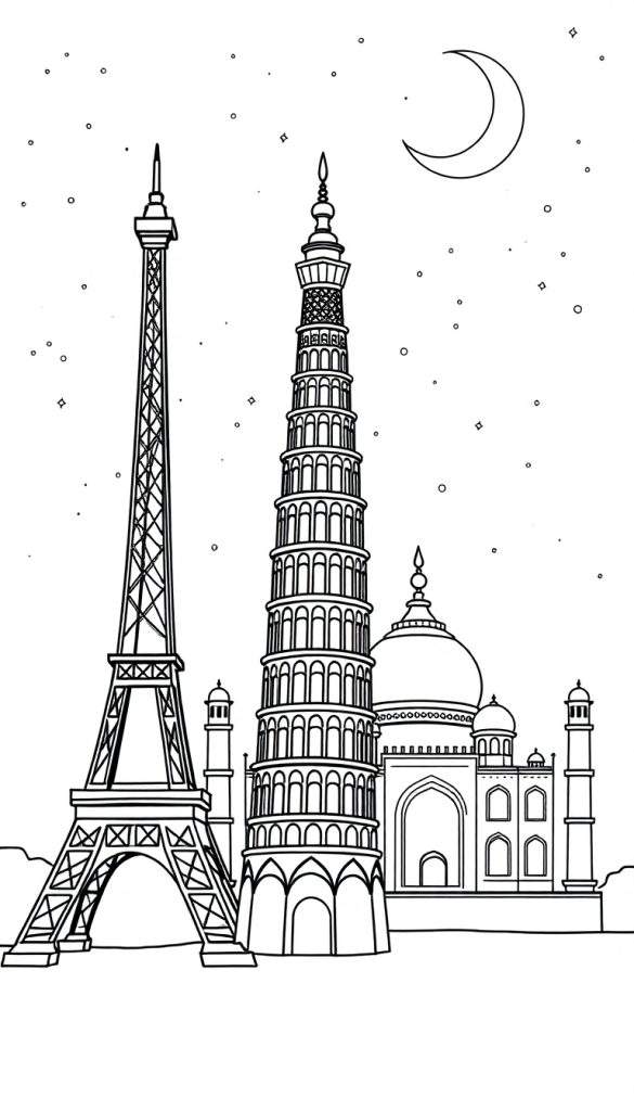 Zwart-wit illustratie van de Eiffeltoren, Toren van Pisa en Taj Mahal naast elkaar onder een nachtelijke hemel met een halve maan en sterren, klaar om ingekleurd te worden.
