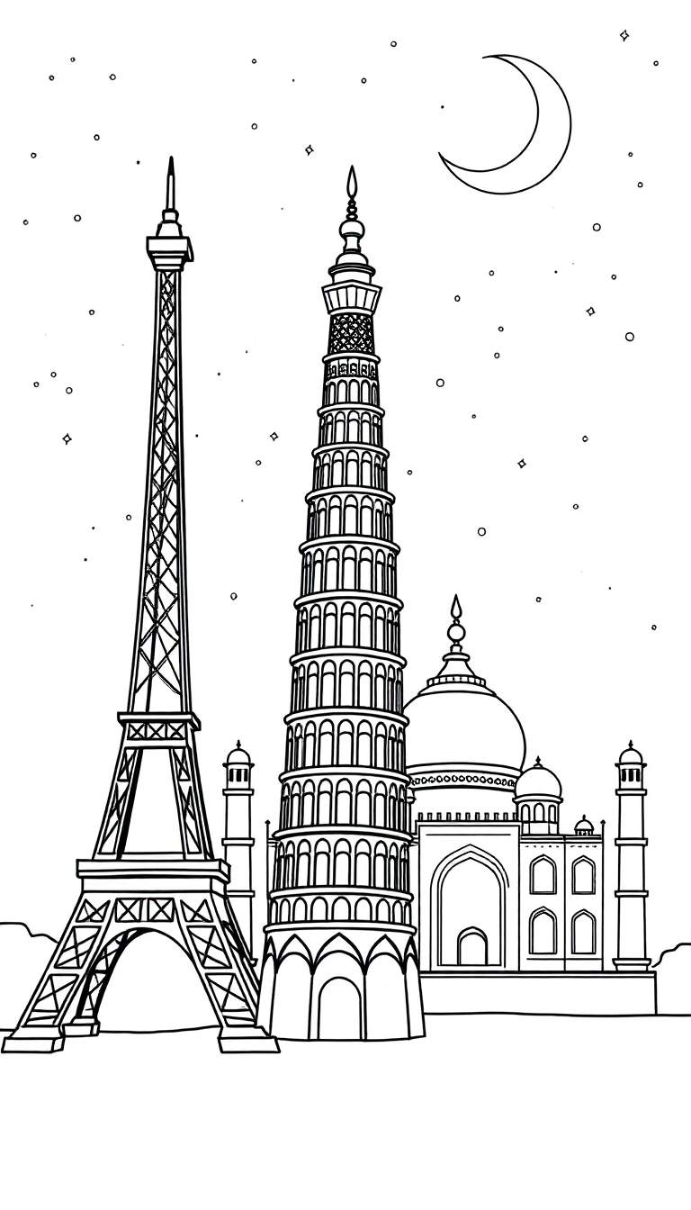 Zwart-wit illustratie van de Eiffeltoren, Toren van Pisa en Taj Mahal naast elkaar onder een nachtelijke hemel met een halve maan en sterren, klaar om ingekleurd te worden.