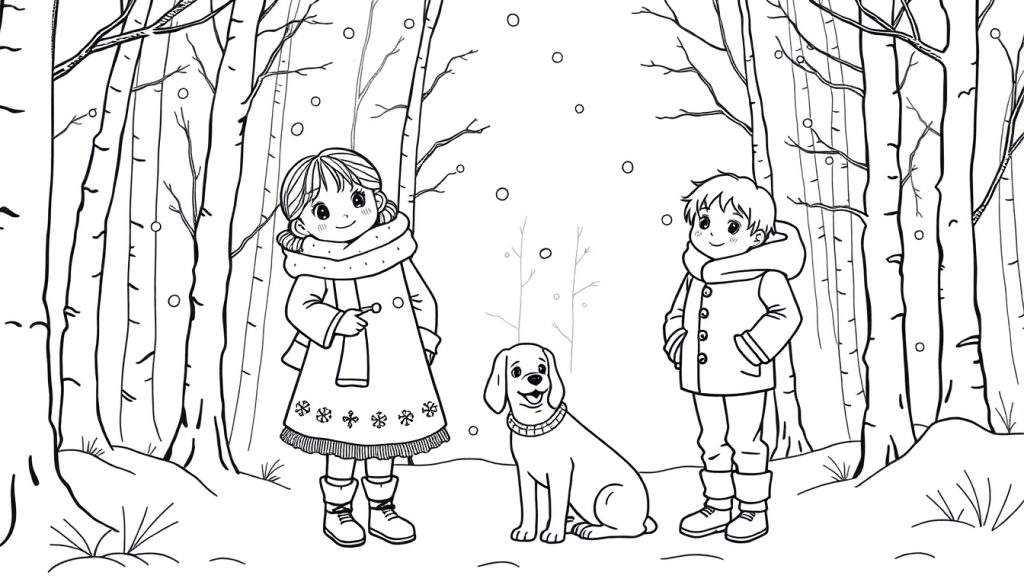 Kleurplaat van een winterse bosscène met een meisje en een jongen, en hun hond. Sneeuw valt, bomen hebben kale takken.