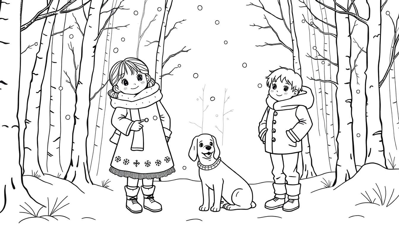 Kleurplaat van een winterse bosscène met een meisje en een jongen, en hun hond. Sneeuw valt, bomen hebben kale takken.